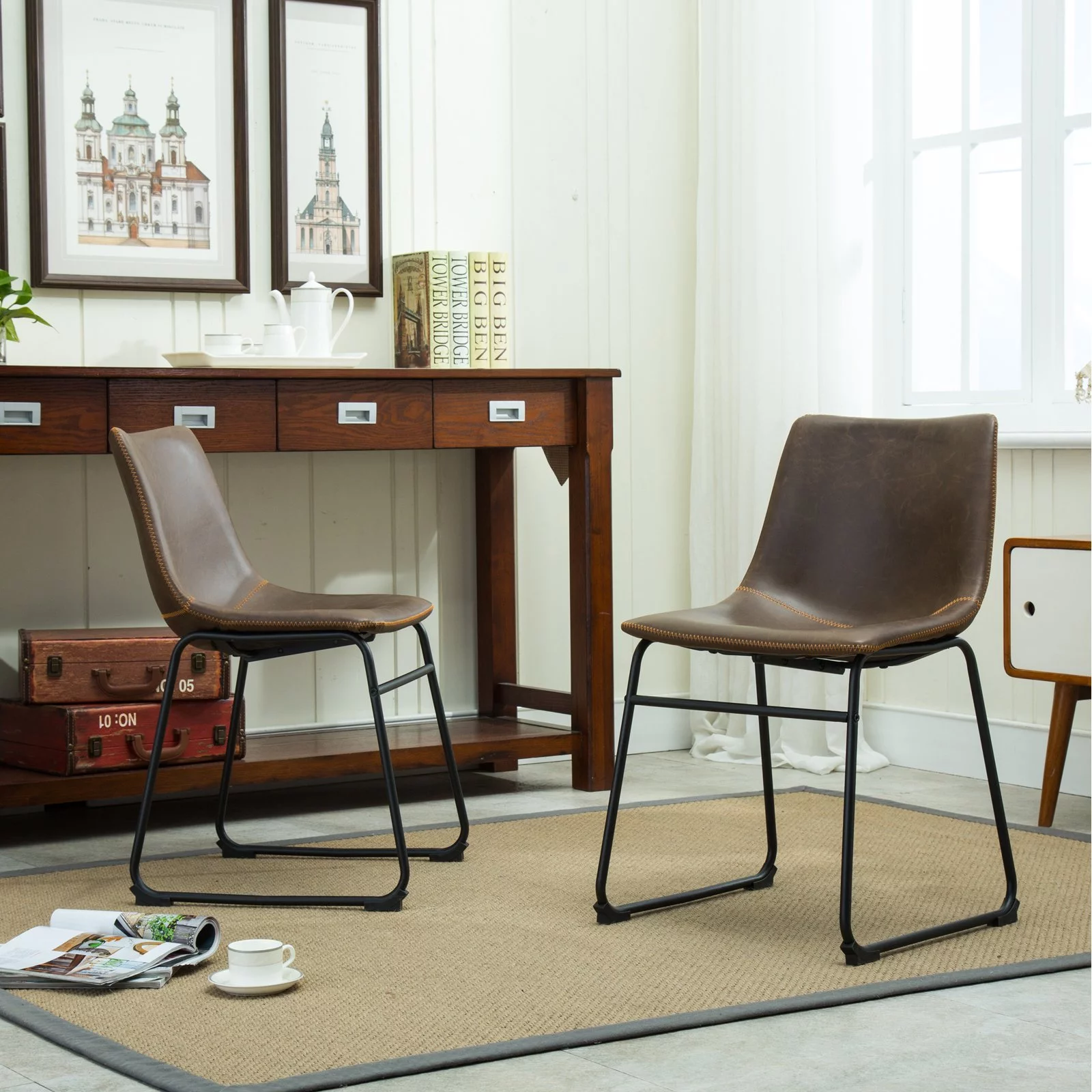 Roundhill Furniture Lotusville PU Leather Dining Chair Antique Brown (Set of 2)