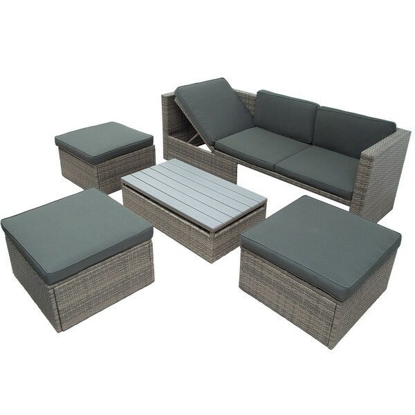 5Piece Patio Wicker Sofa with Adustable Backrest,Cushions,Ottomans and Lift Top Coffee Table