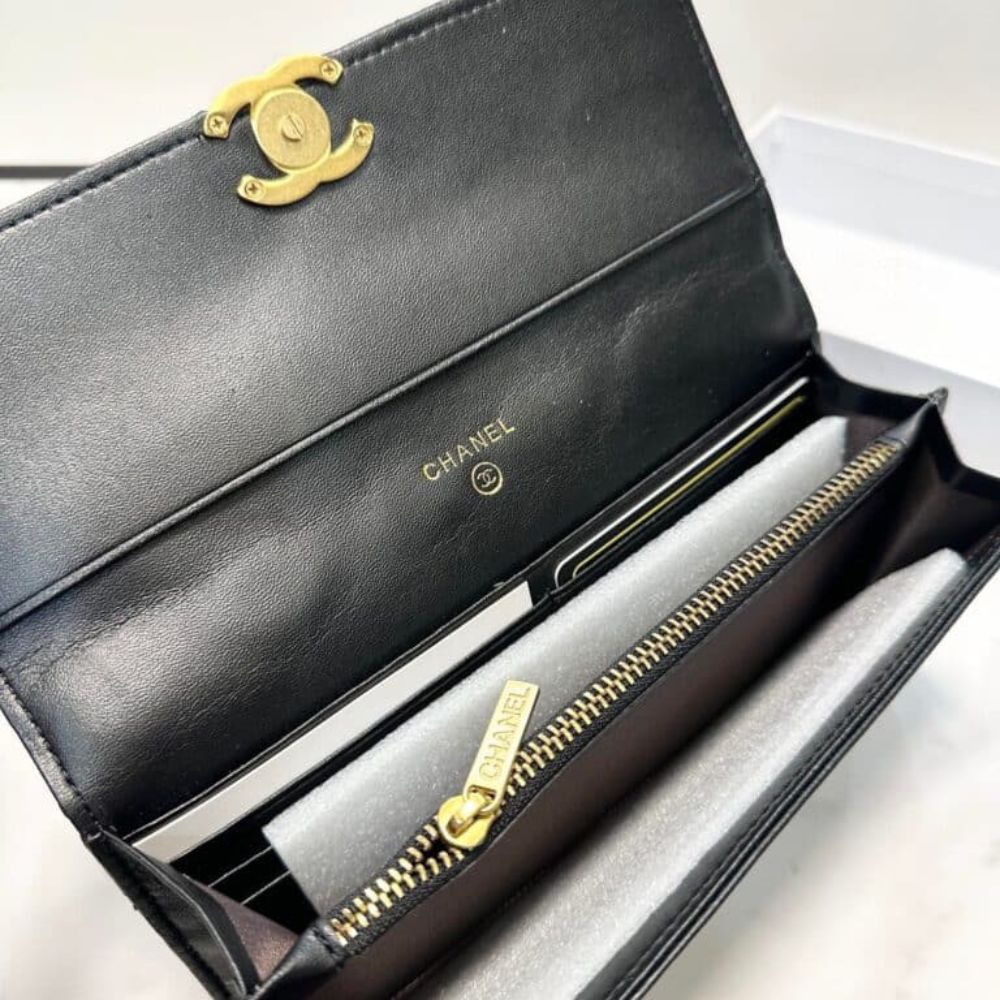 Chanel Cc Logo Long Flap Wallet Gold Black 7.5 Inches