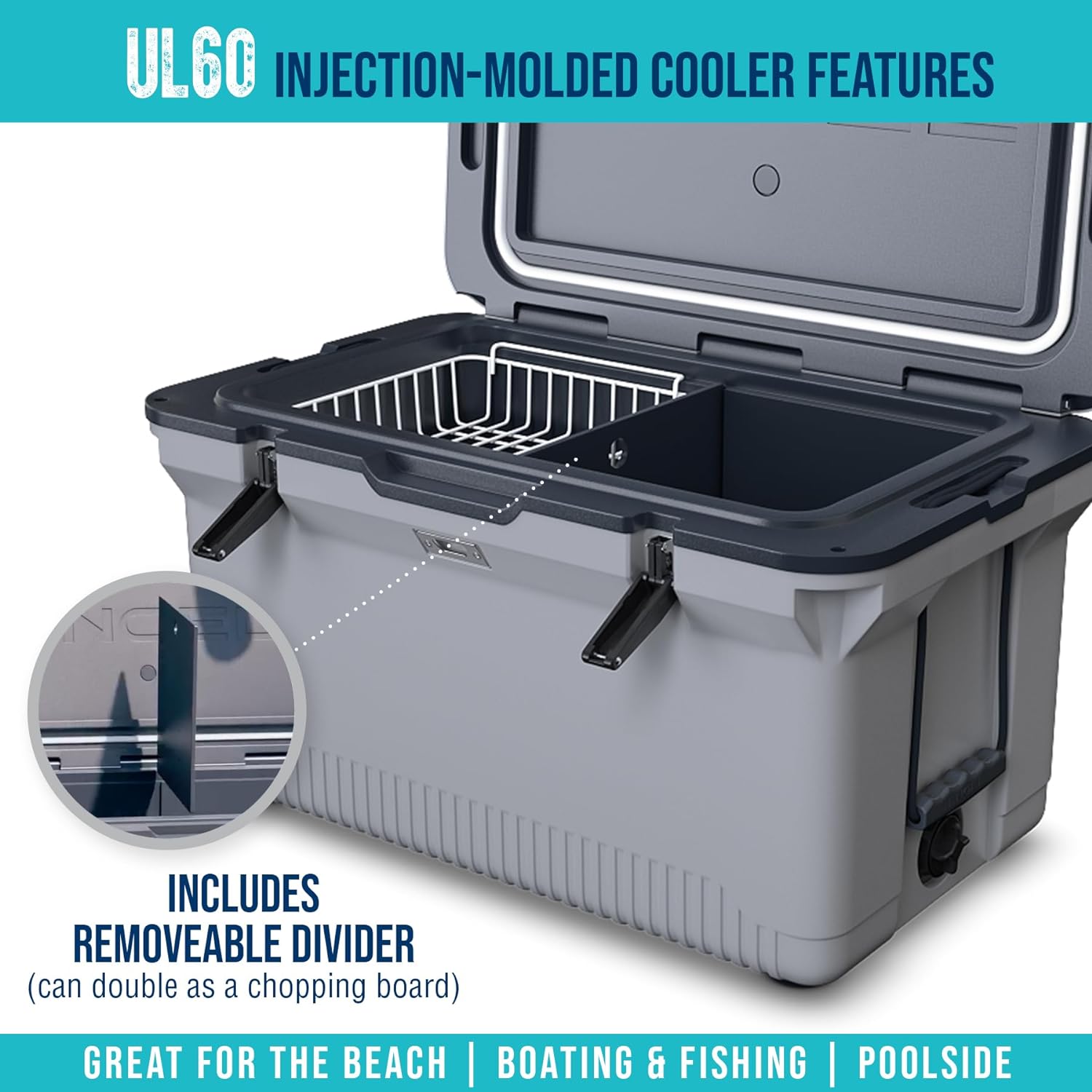 60 QT Ultra-Light Injection Molded Cooler - Ice Chest Keeps Ice up to 7 Days - Large Cooler Includes Wire Basket, Divider and Built-in Bottle Opener