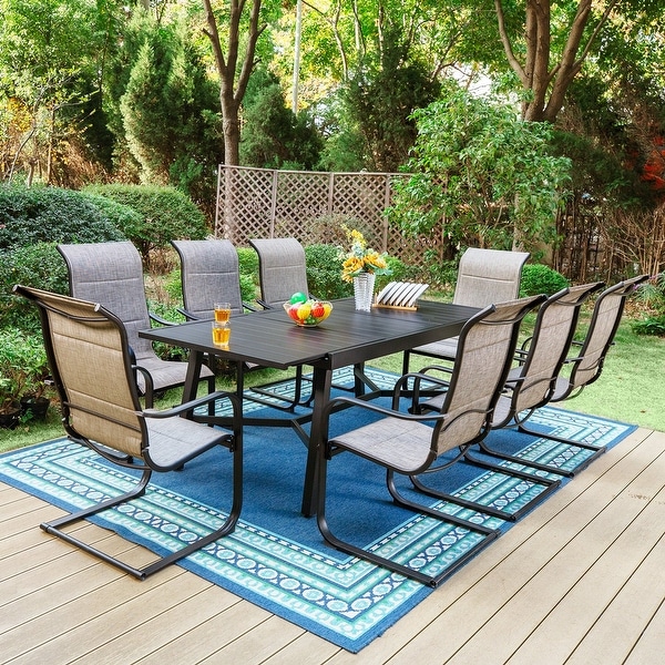 7/9piece Patio Dining Set,Expendable Rectangular Outdoor Dining Table with C Spring Rocking Chairs