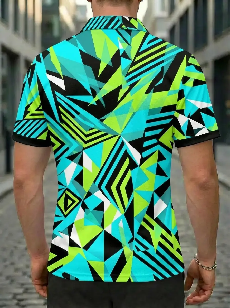 Moisture Wicking Golf Polo 3D Teal Green Black Geometric Camo Button Short Sleeve Golf Polo Shirt
