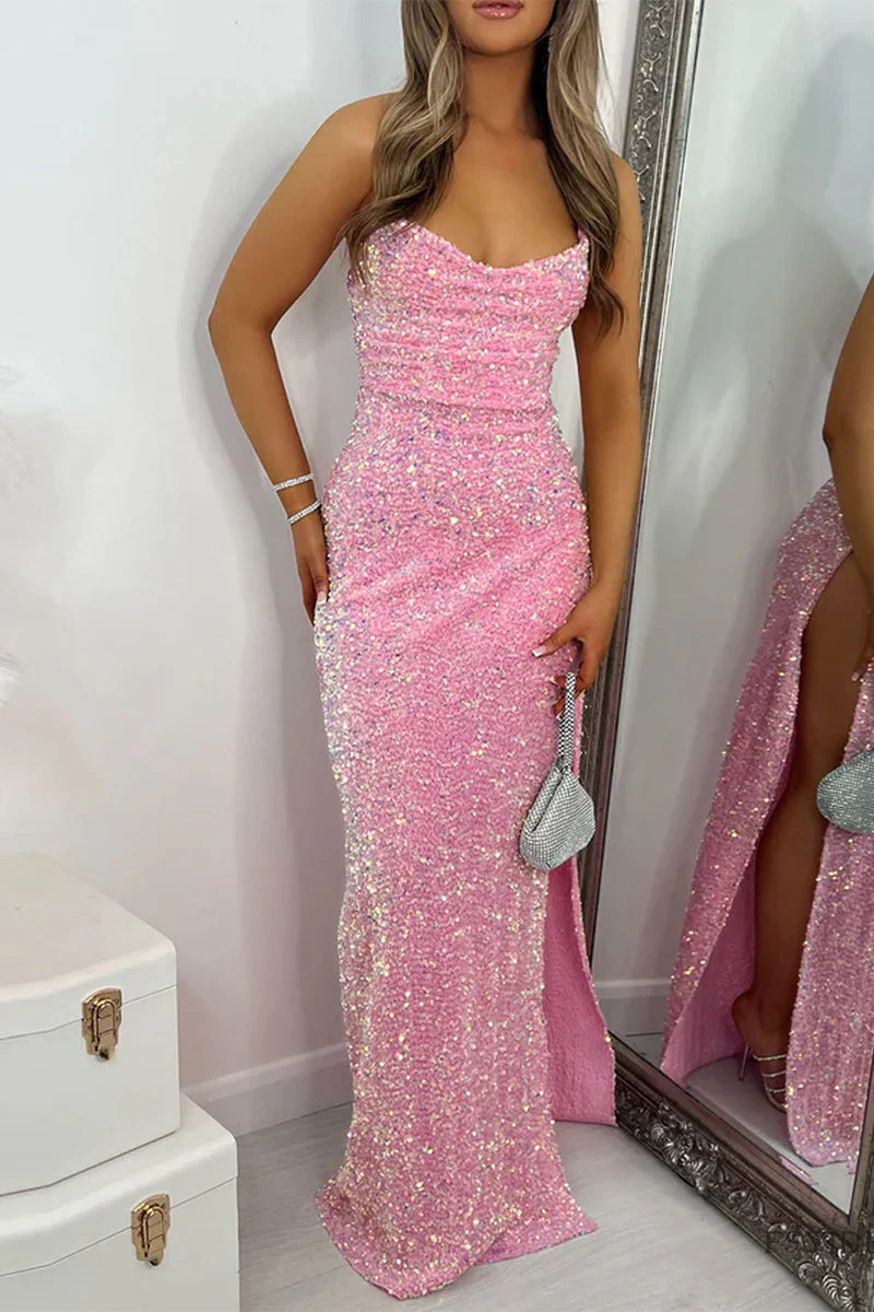 Sequin Maxi Dress with High Slit & Strappy BackClistos