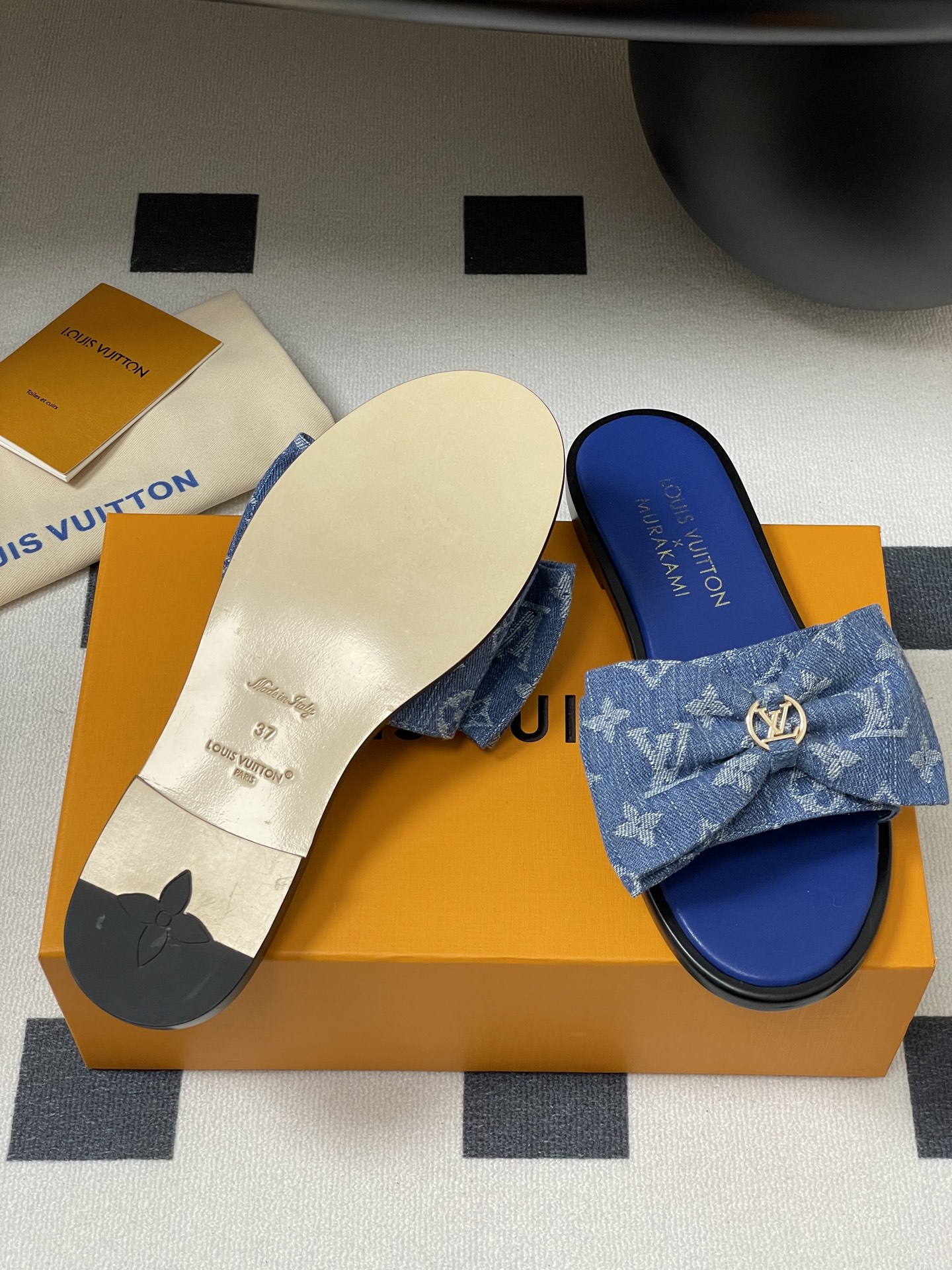 Louis Vuitton x Takashi Murakami Lily Flat Mule Bow Slide Sandals Blue Canvas 1AGVYA