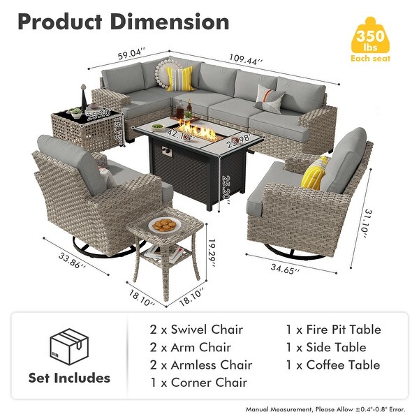 OVIOS 10 Pieces T shaped Seat Wide Armrest Swivel Chair Set With SolarPowered TableandFire Pit