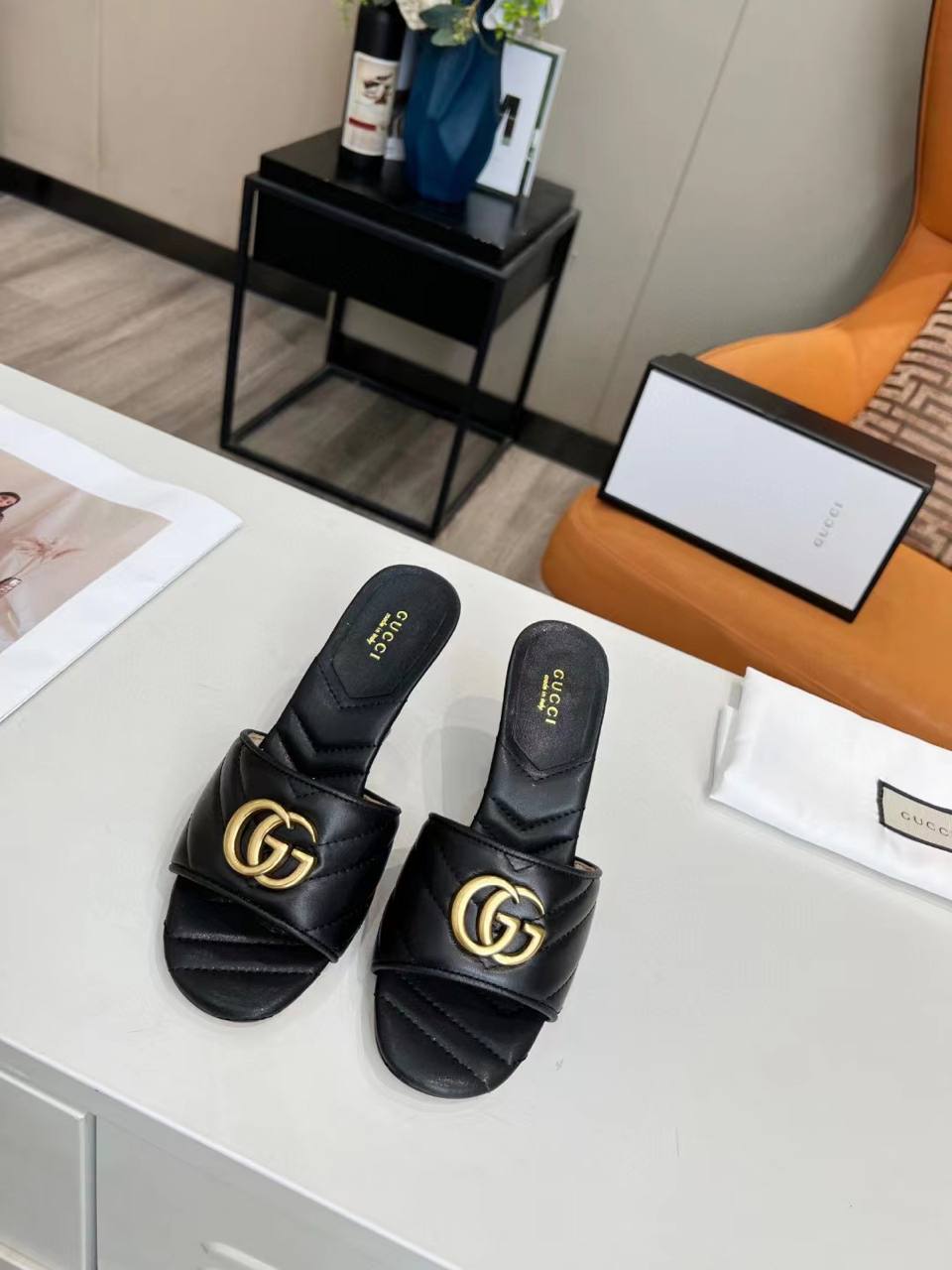 Gucci Marmont Double G Leather Mules Black 674839 Bko00 1000