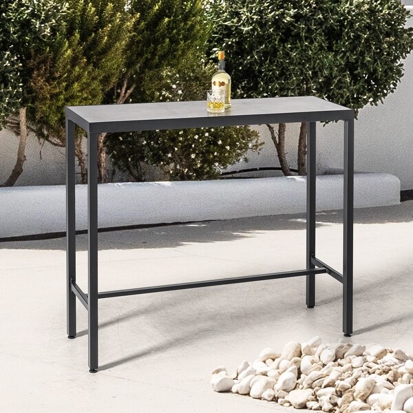 Outdoor Iron Bar Table with 3DPrint Tempered Glass Tabletop,Gray