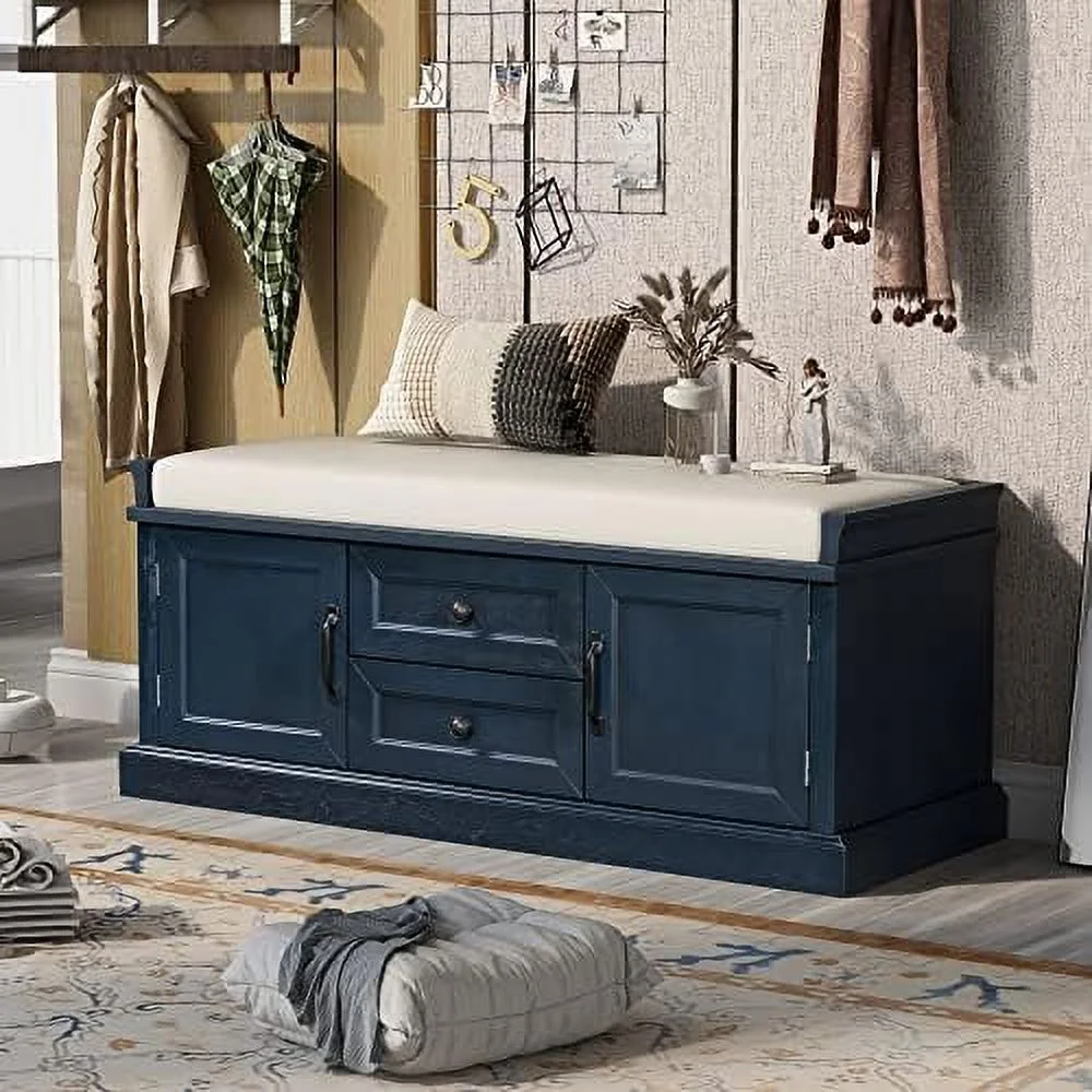 Harper & Bright Designs  Bench with 3 Shutter-Shaped Doors  Solid Wood Shoe Bench with Removable Cushion and and Hidden  Space for Hallway Entryway Living Room