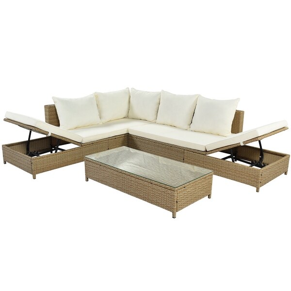 Patio 3Piece Rattan Sofa Set PE Wicker Sectional Set with Adjustable Chaise Lounge Frame and Tempered Glass Table