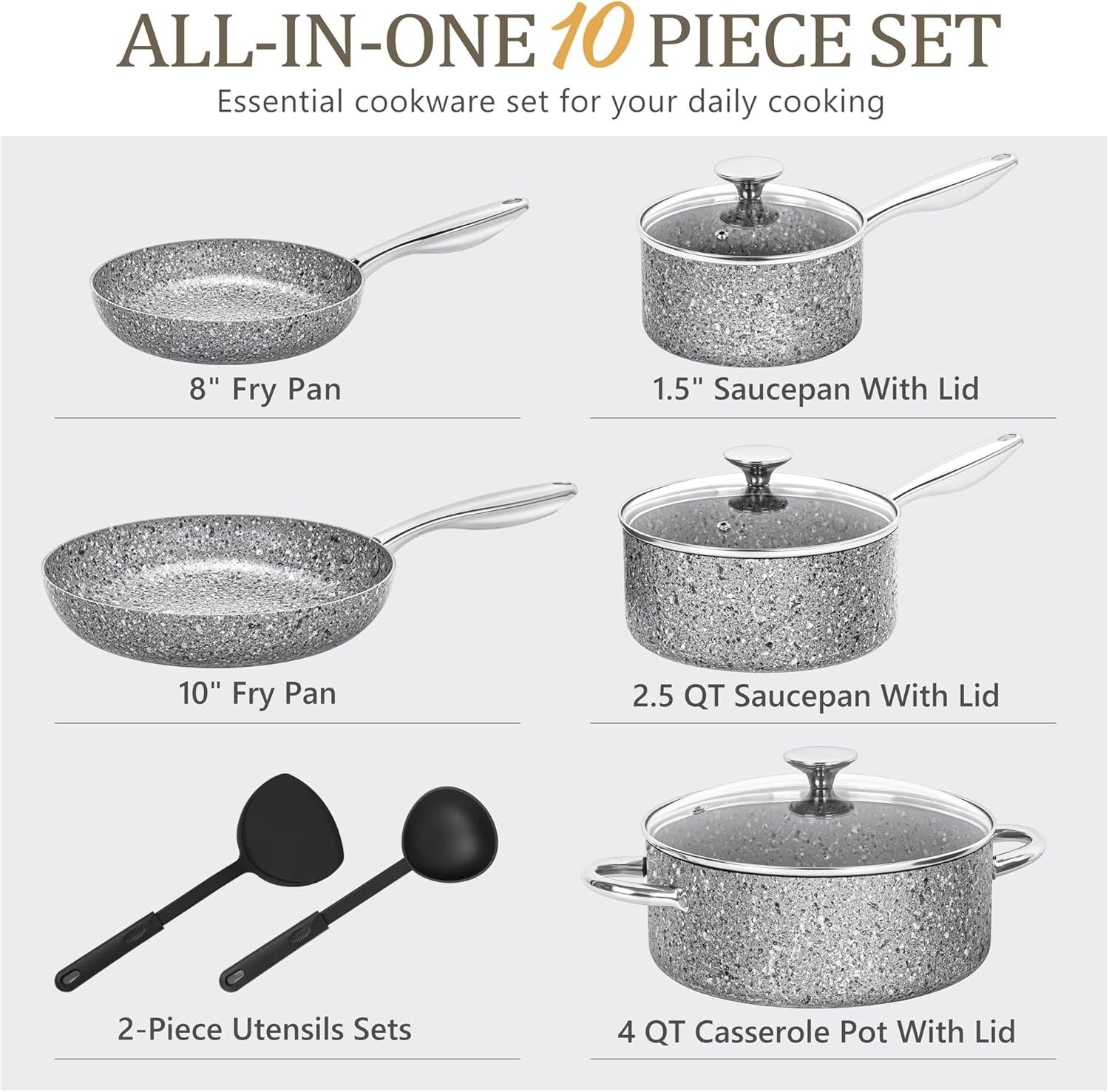 10-Piece Gray Granite Nonstick Cookware Set Induction Compatible Oven Dishwasher Safe PFOA Free