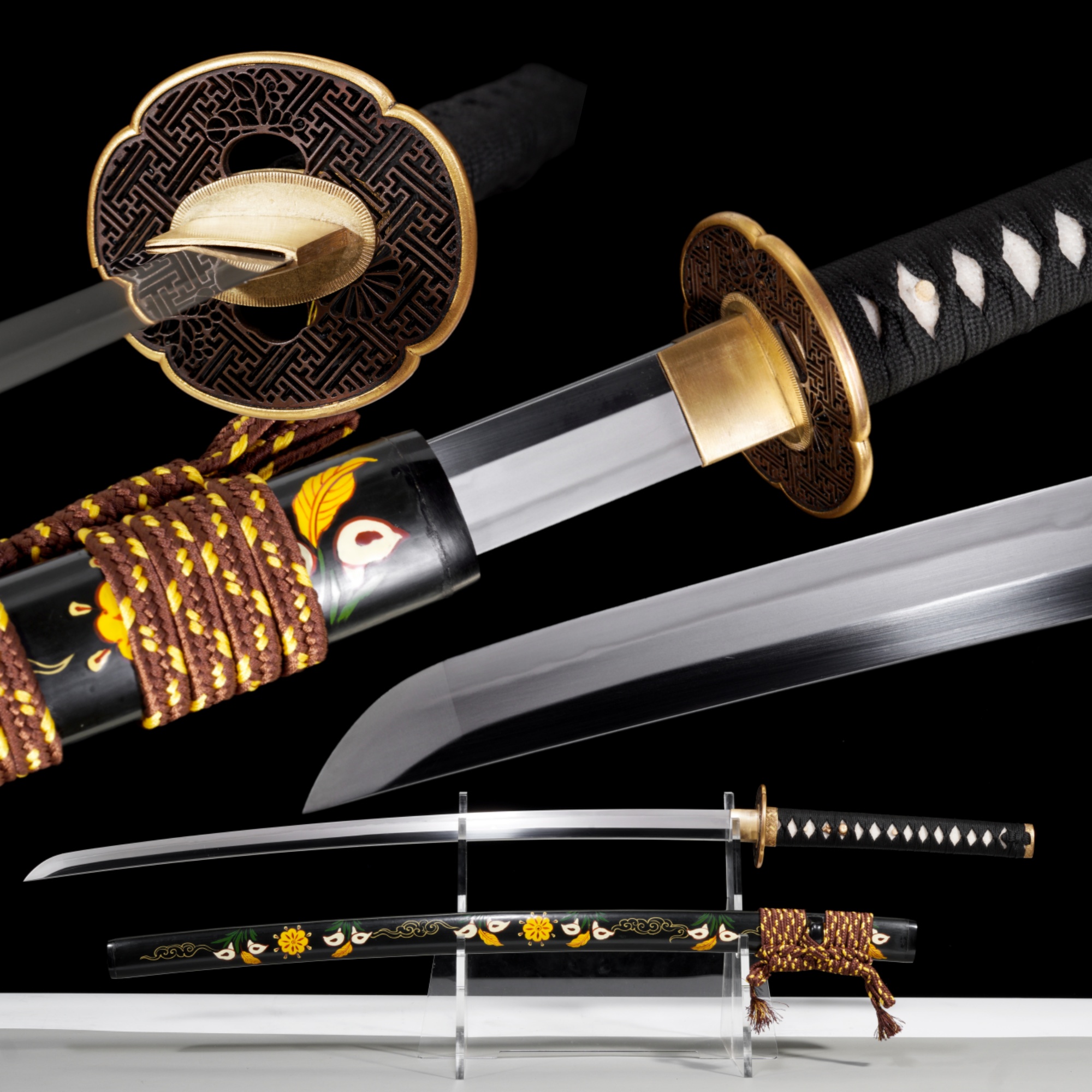 Handmade Japanese Katana T10 Steel Clay Tempered Golden Lattice Full Tang