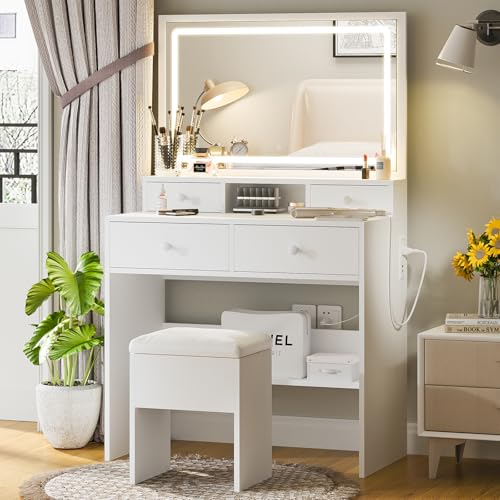 Haewon Vanity Desk with Lighted Mirror and Charging Station, Makeup Vanity Table Set with 4 Drawers and Storage Chair, White Dressing Table with 3 Lighting Modes for Bedroom