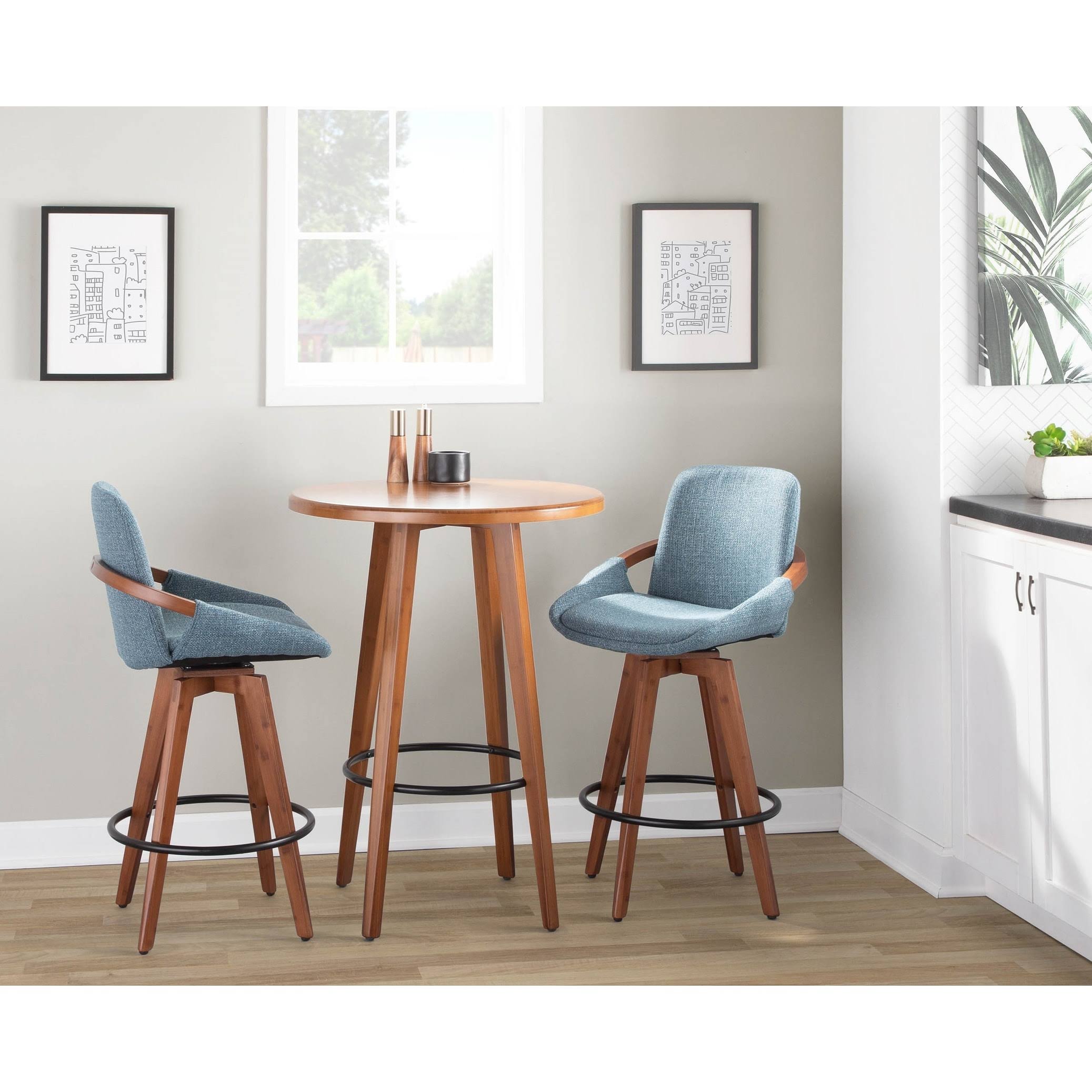 LumiSource Cosmo Counter Stool Blue Noise Fabric Walnut Bamboo