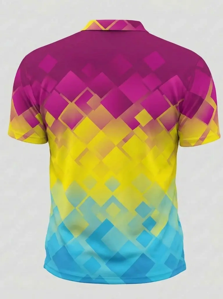 Moisture Wicking Golf Polo 3D Pink Yellow Blue Gradient Square Pattern Button Short Sleeve Golf Polo Shirt