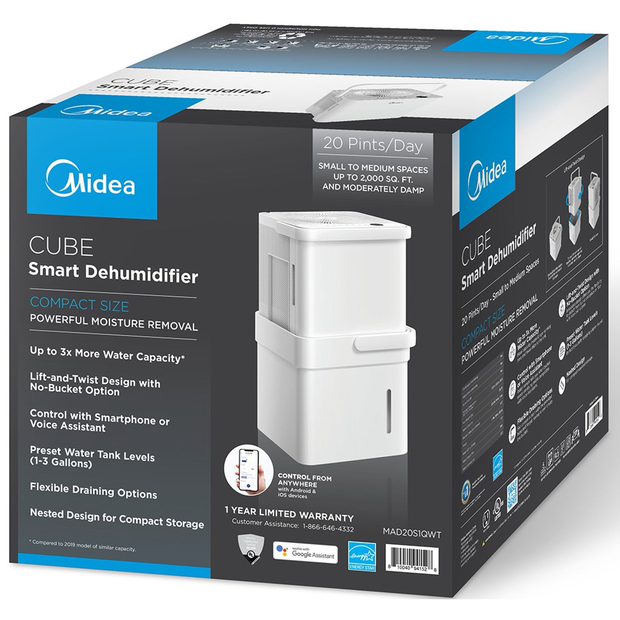 Midea Cube 20-Pint Smart WiFi Dehumidifier， Coverage up to 2，000 sq. ft.