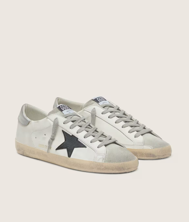 GOLDEN GOOSE Super-Star in white leather with black nubuck star and silver metallic leather heel tab