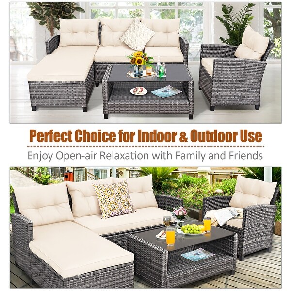 Costway 4PCS Patio Rattan Furniture Set Sofa Ottoman Cushion Garden