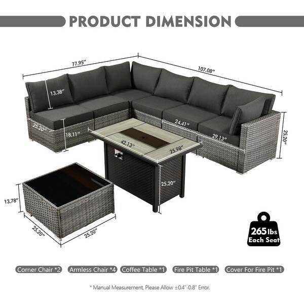 HOOOWOOO 8piece Patio Furniture Set Wicker Sectional Sofa with Fire Pit Table