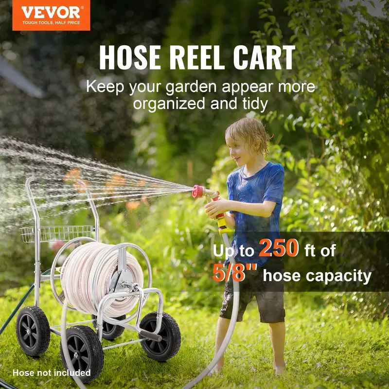 VEVOR Heavy-Duty Mobile Hose Reel Cart — 250-Foot Capacity, 4-Wheel Design with Storage Basket