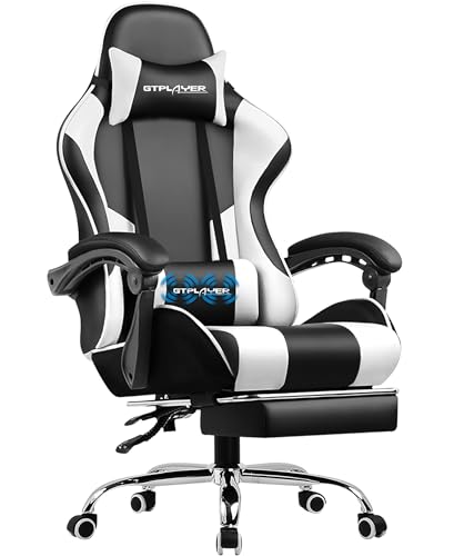 GTPLAYER Gaming Chair, Computer Chair with Footrest and Lumbar Support, Height Adjustable Game Chair with 360°-Swivel Seat and Headrest and for Office or Gaming (Faux Leather, Blue)