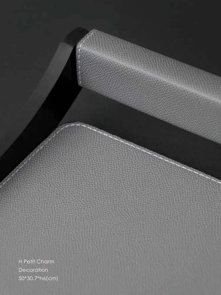 DC052 - Hermès tinware, grey outer stitching, saddle leather, teak scroll armrest tray, desktop storage