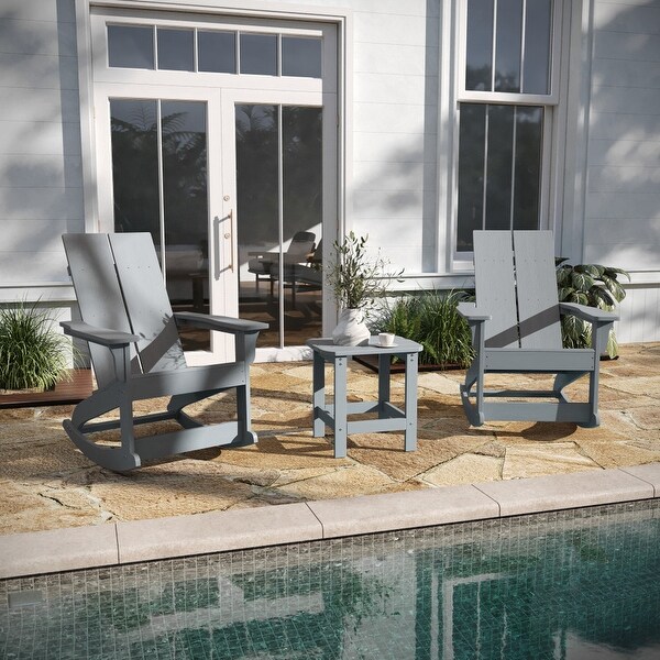 2 Modern Dual Slat Poly Resin Adirondack Rocking Chairs with Side Table
