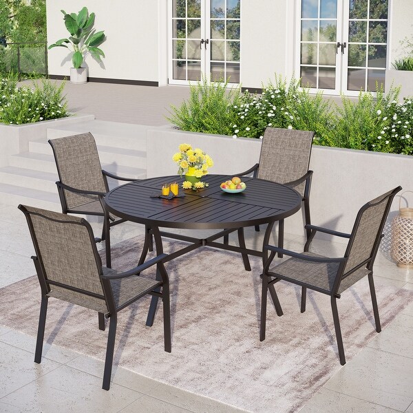 MAISON ARTS 5/7Piece Patio Dining Set,Round Metal Table and 4/6 Textilene Fabric Padded Armchairs