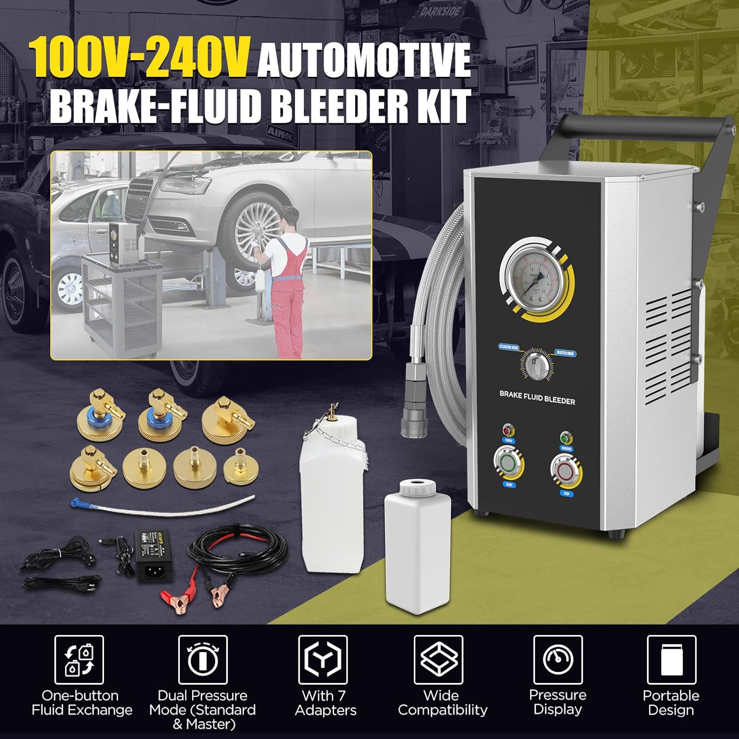Automotive Brake Bleeder Kit, 100V-240V Electric Brake Bleeding Device, 0~3Bar Brake Fluid Oil Exchanger with 7PCS Master Cylinder Adapter, Pressure Gauge & Portable Carrying Handle