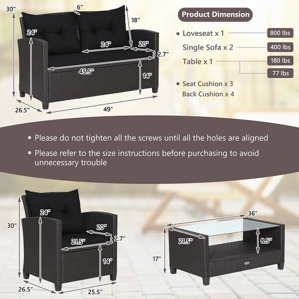 Costway 4 PCS Patio Rattan Furniture Set Glass Table Shelf Sofa