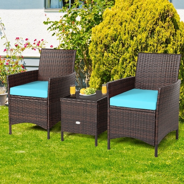 Costway 3PCS Patio Rattan Furniture Set Cushioned Sofa Glass Tabletop