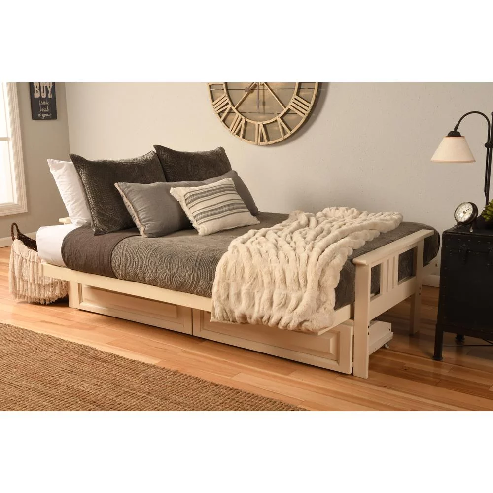 Somette  Monterey Sofa in Antique White Finish with Removable Faux Leather Mattress Cover Oregon Trail Java