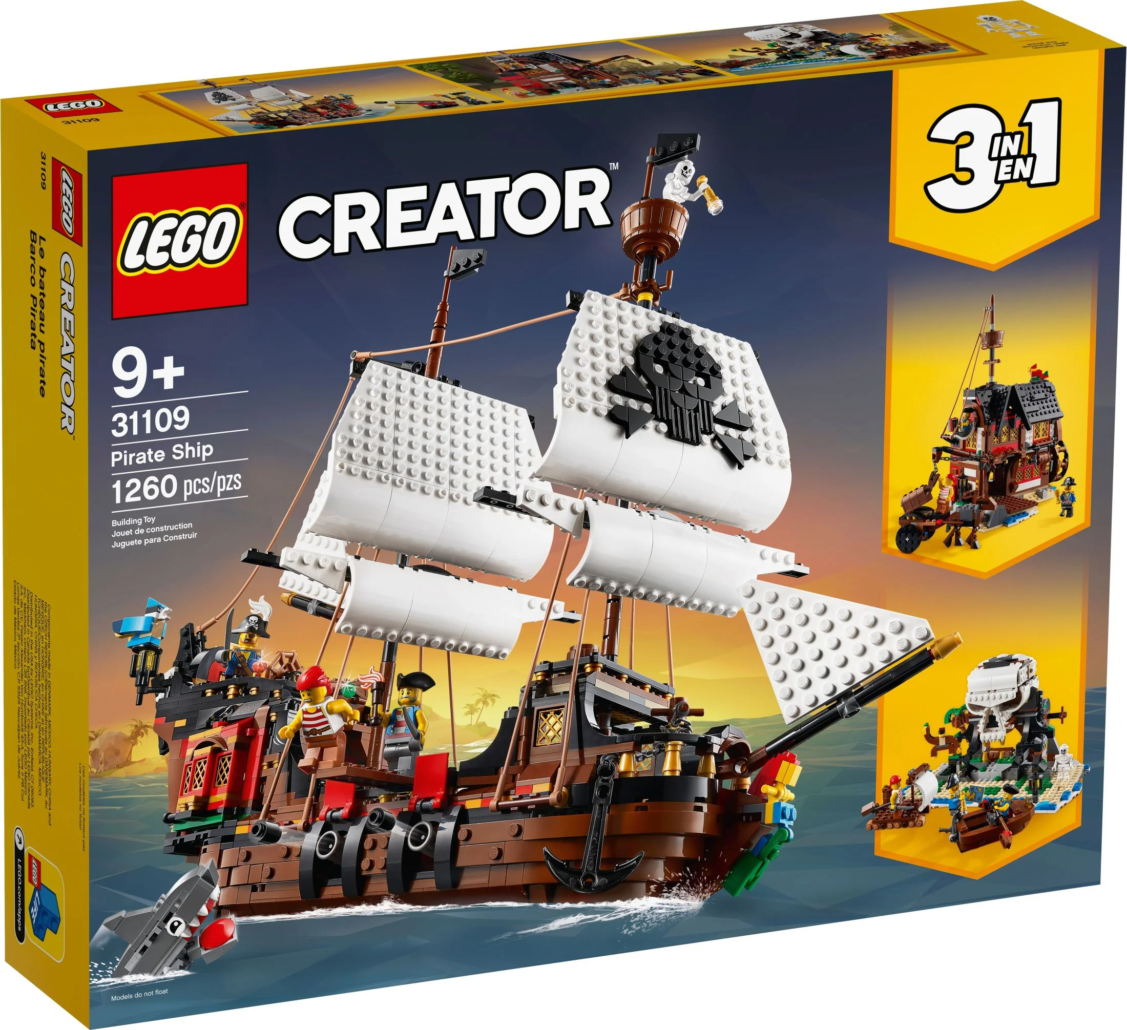 LEGO Creator 3 in 1 Pirate Ship Building Set, Kids can Rebuild the Pirate Ship into an Inn or Skull Island, Features 4 Minifigures and Shark Toy, Makes a Great Gift for Kids Ages 9+ Years Old, 31109