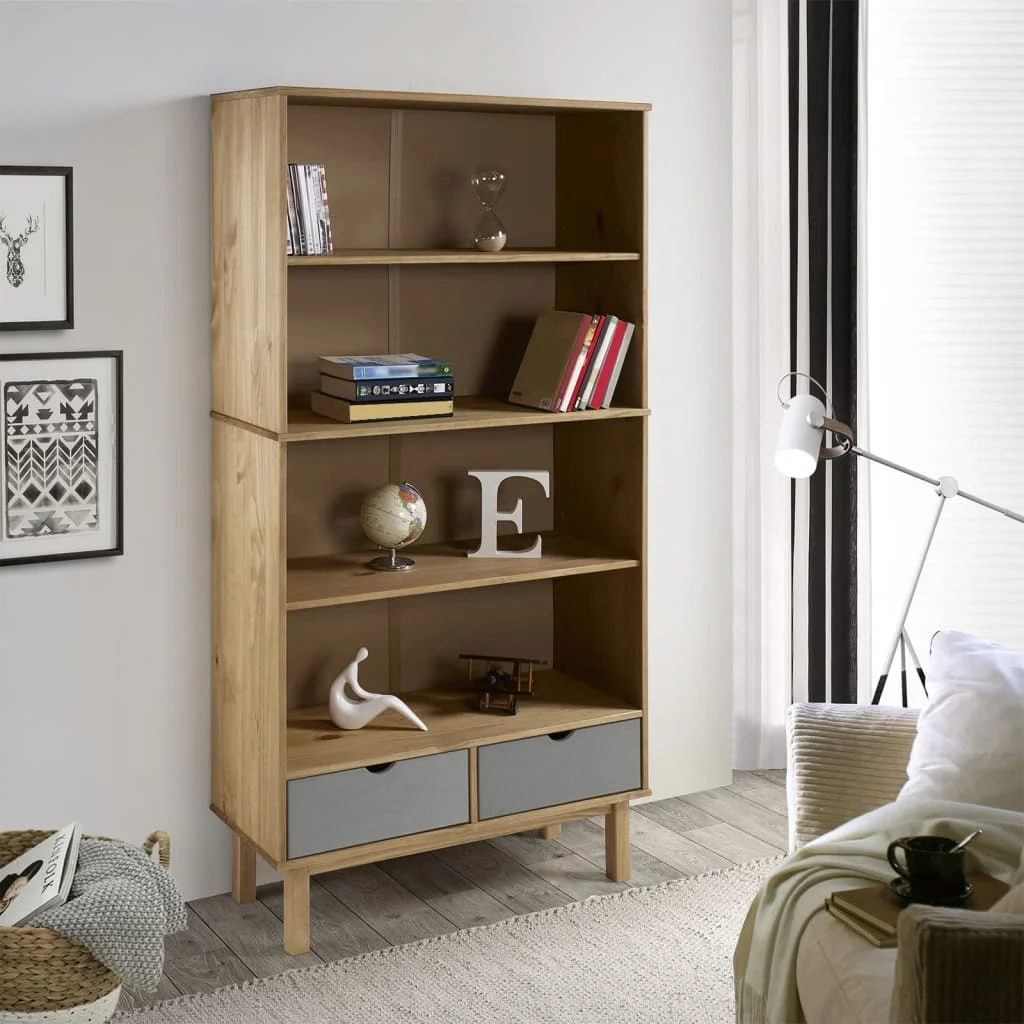 Irfora Bookcase OTTA with 2 Drawers Brown and Gray Solid Wood Pine