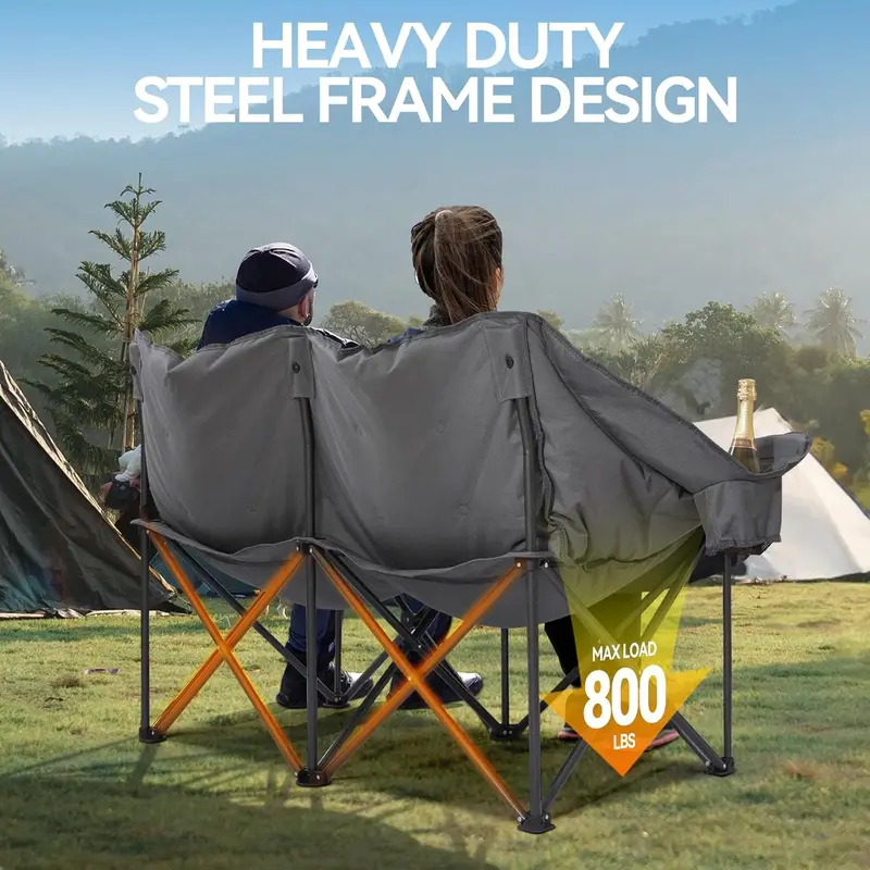 Two-Person Padded Camping Loveseat – Heavy-Duty Outdoor Folding Sofa for Lawn, Beach & Backyard Use with Cup Holders and Carry Bag (Grey)