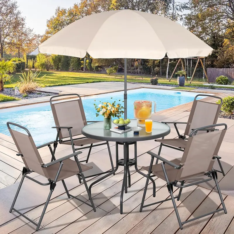 Vongrasig 6-Piece Folding Metal Patio Set with Umbrella – Compact Garden Table and Chair Ensemble