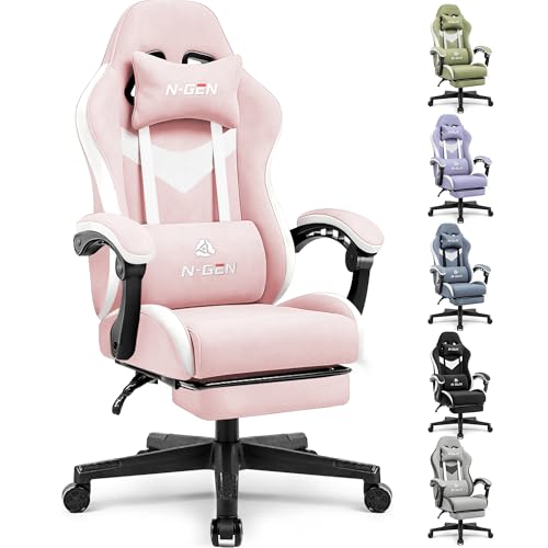 N-GEN GAMING Video Gaming Chair Office Computer Desk Use Ergonomic Reclining Backrest Adjustable Armrests Lumbar Support Footrest High Density Foam Breathable Fabric Heavy Duty Base (Grey)