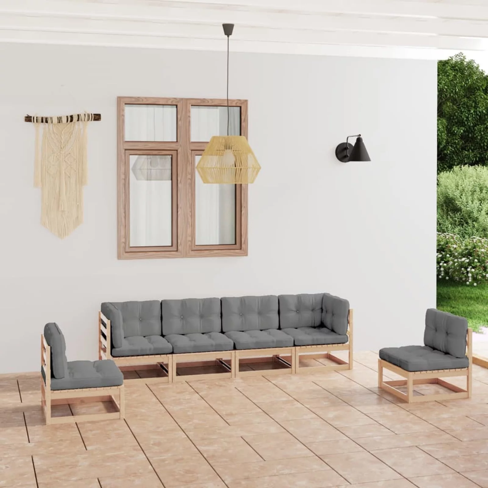 Dcenta 6 Piece Wooden Patio Lounge Set with Gray Cushion 2 Corner Sofa and 4 Middle Sofas Pinewood Sectional Furniture Set for Patio, Backyard, Patio, Balcony, Outdoor
