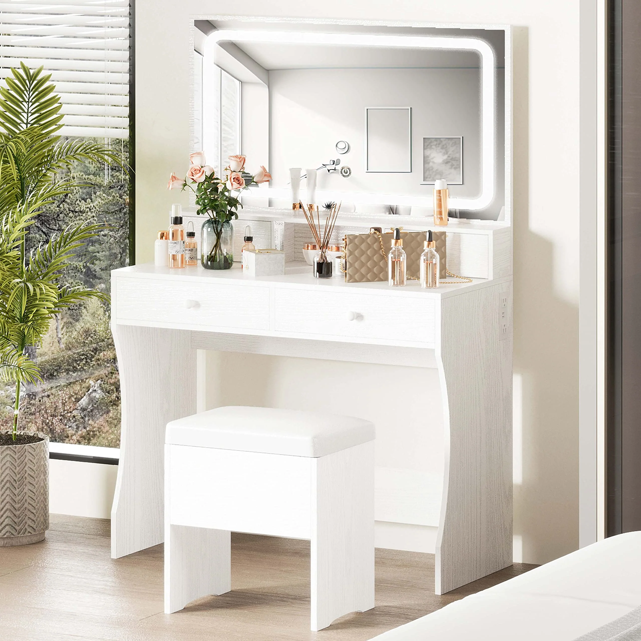 IRONCK Vanity Desk Set with LED Lighted Mirror & Power Outlet