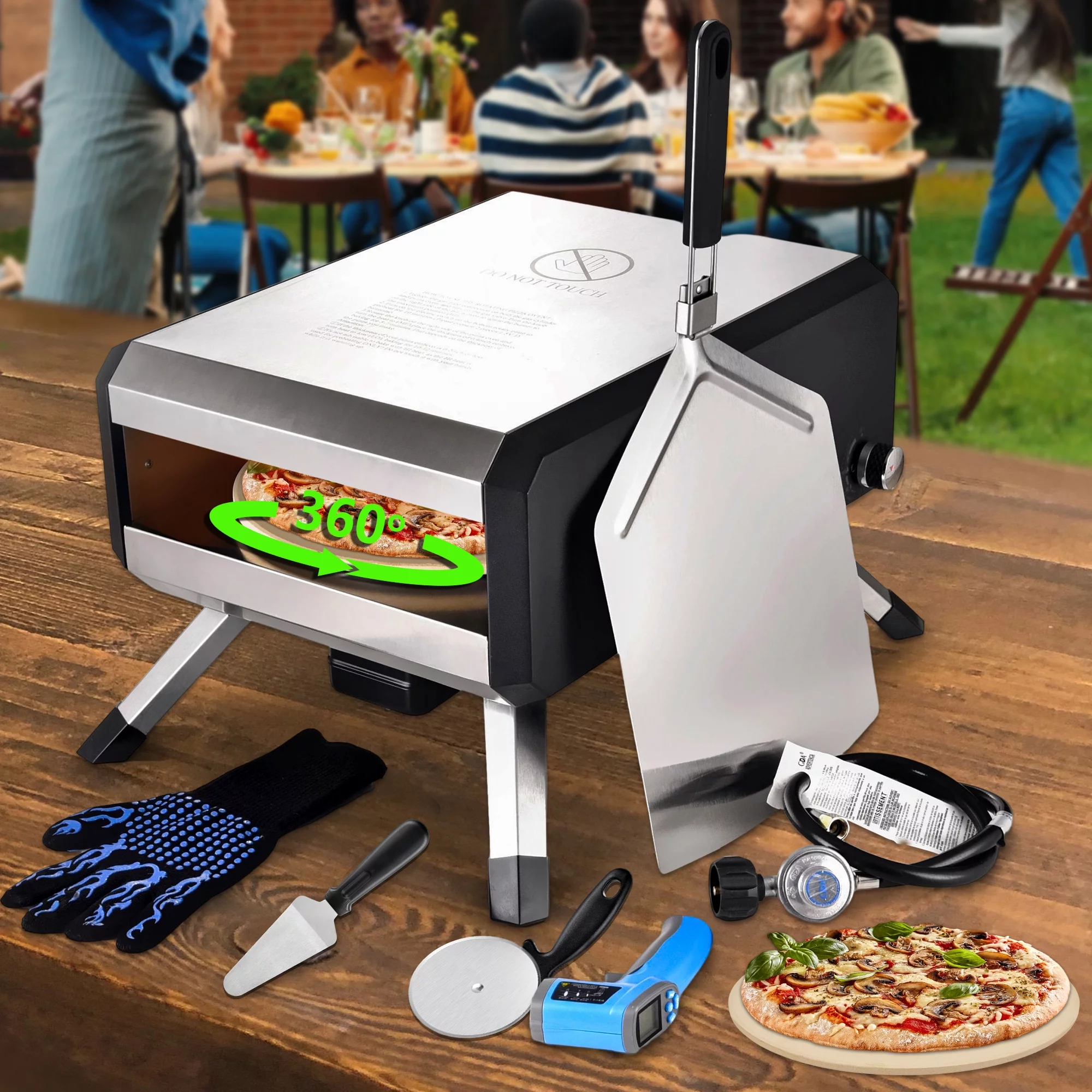 Portable Rotating Gas Pizza Oven for Outdoor, Stainless Steel Pizza Oven with 14
