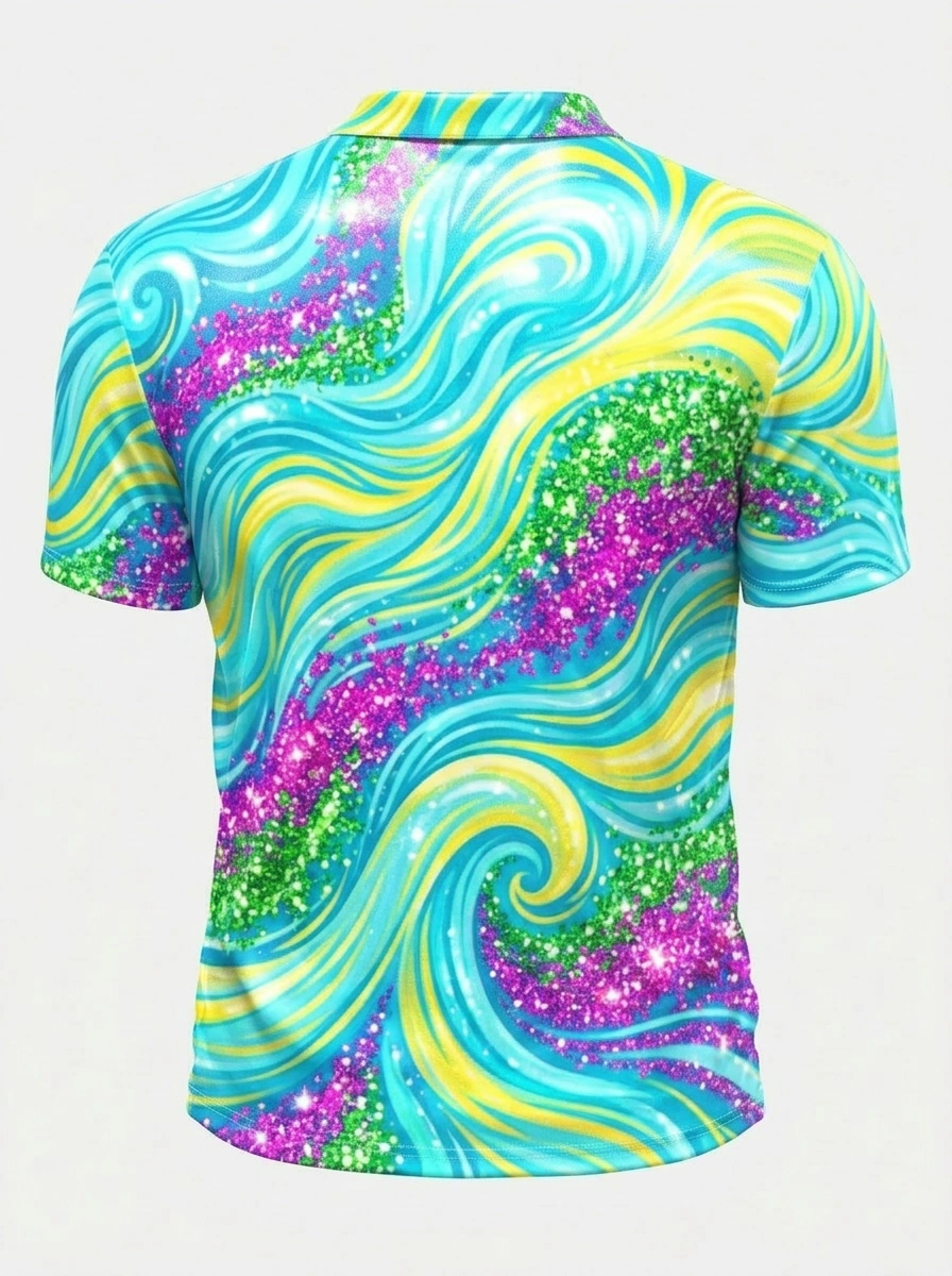 Moisture Wicking Golf Polo 3D Blue Yellow Wave Glitter Button Short Sleeve Golf Polo Shirt