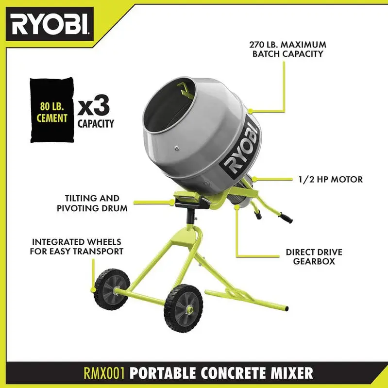 Portable 5.0 Cu. Ft. Concrete Mixer – Compact Drum Mixer for DIY & Small-Scale Projects (RMX001)