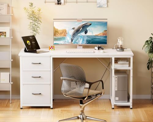 AODK 51 Inch Computer Desk with Fabric Drawers & USB Power Outlets - Reversible Home Office Desk with Storage Shelves, Work from Home, Modern Work/Writing/Study Table for Bedroom, Grey Oak