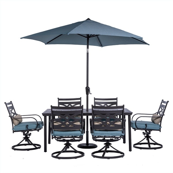 Hanover Montclair 7Piece Dining Set in Ocean Blue with 6 Swivel Rockers,40In. x 66In. Dining Table and 9Ft. Umbrella