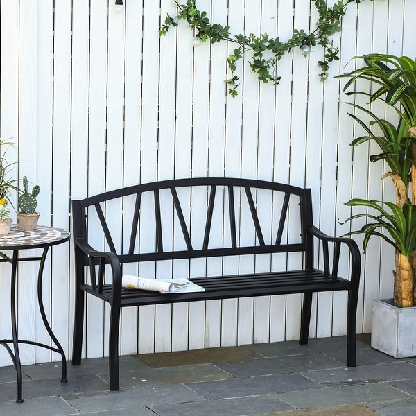 Outsunny 2Seater Garden Bench Solid Metal Loveseat Outdoor Furniture for Patio w/ Decorative Backrest and Ergonomic Armrest