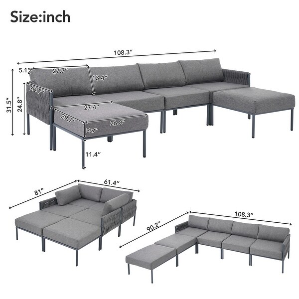 6 Pieces Aluminum Patio Sectional Sofa with Removable Thick Cushions