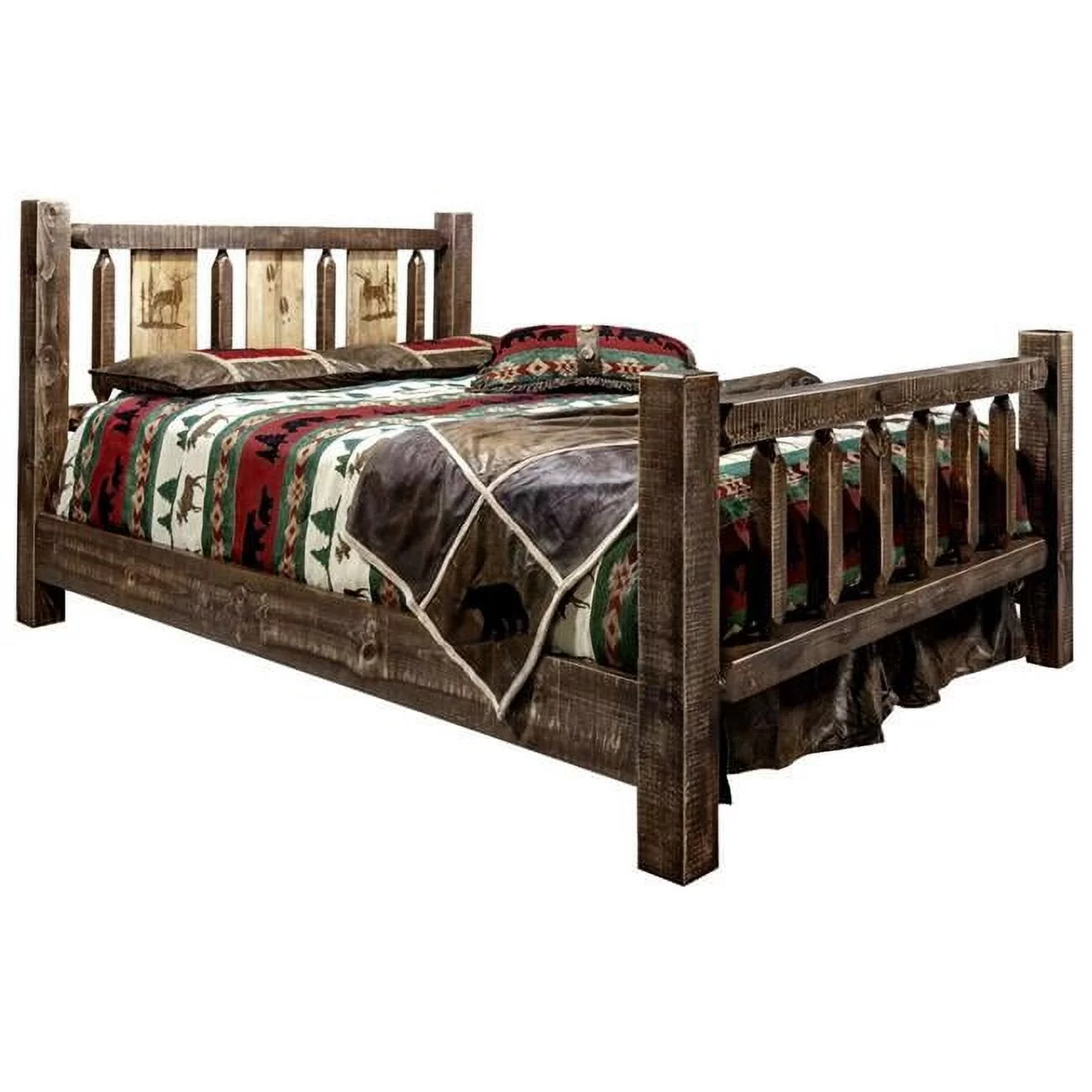 Homestead Collection King Size Bed with Laser Engraved Elk Design, Stain & Clear Lacquer Finish
