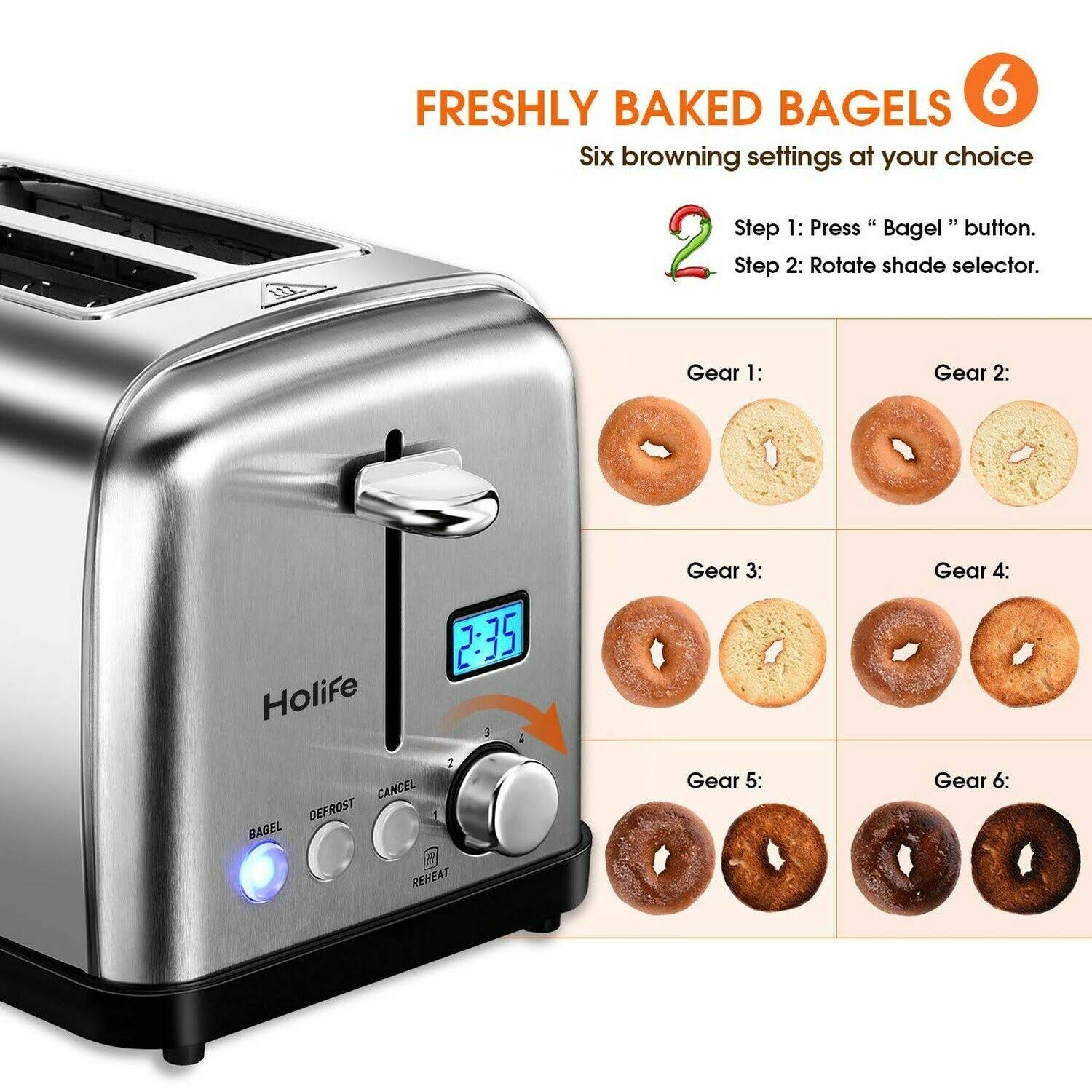 Holife 2 Slice Toaster Stainless Steel [LCD Timer Display] Bagel Toaster ( 6