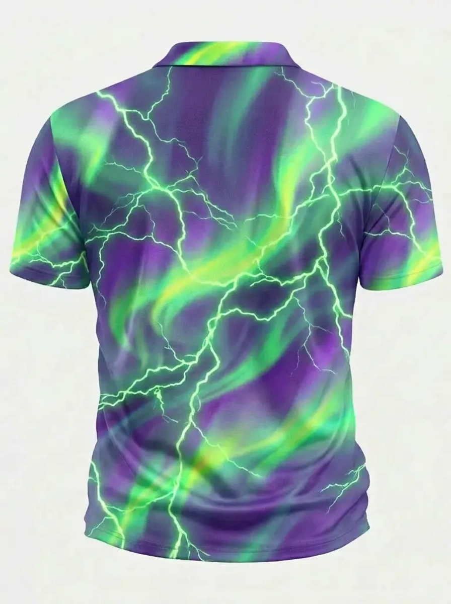Moisture Wicking Golf Polo 3D Purple Green Yellow Smoke Pattern Button Short Sleeve Golf Polo Shirt