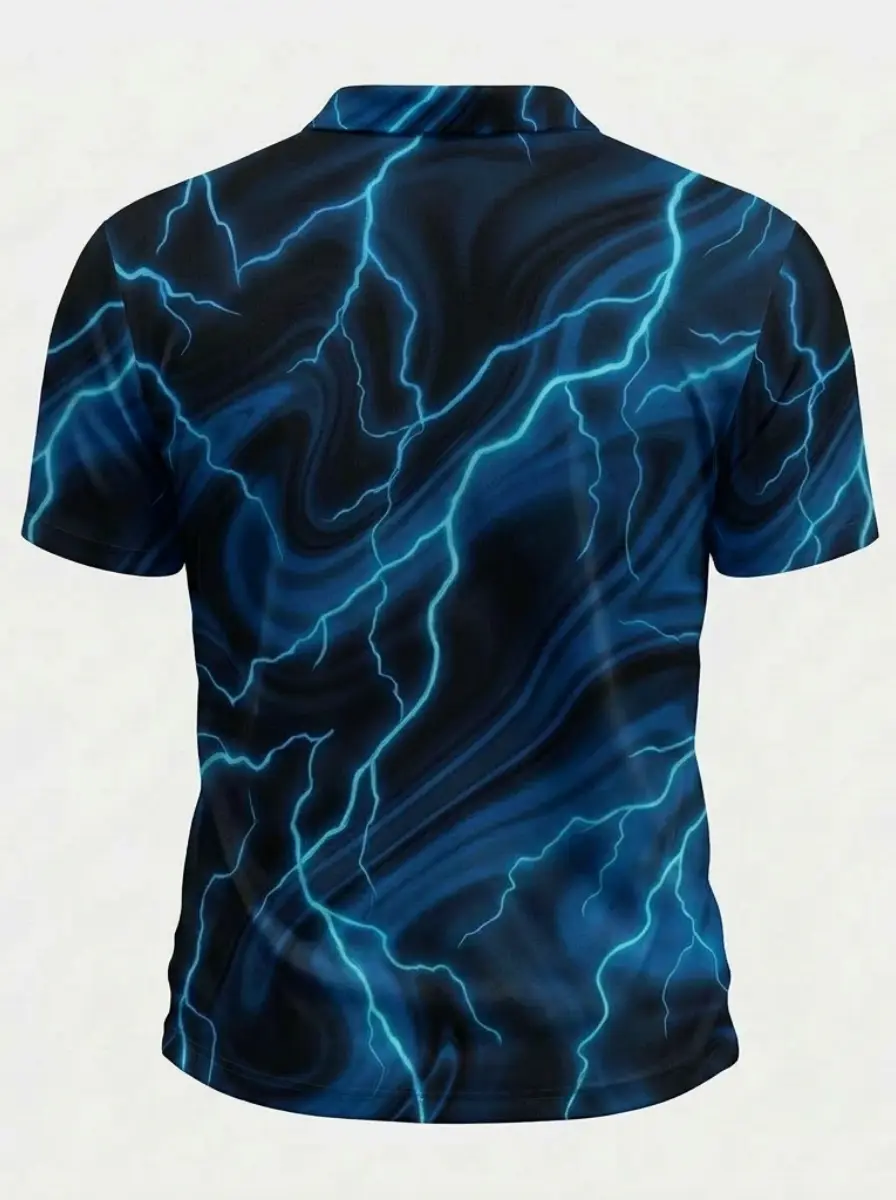 Moisture Wicking Golf Polo 3D Black Blue Marble Lightning Print Button Short Sleeve Golf Polo Shirt