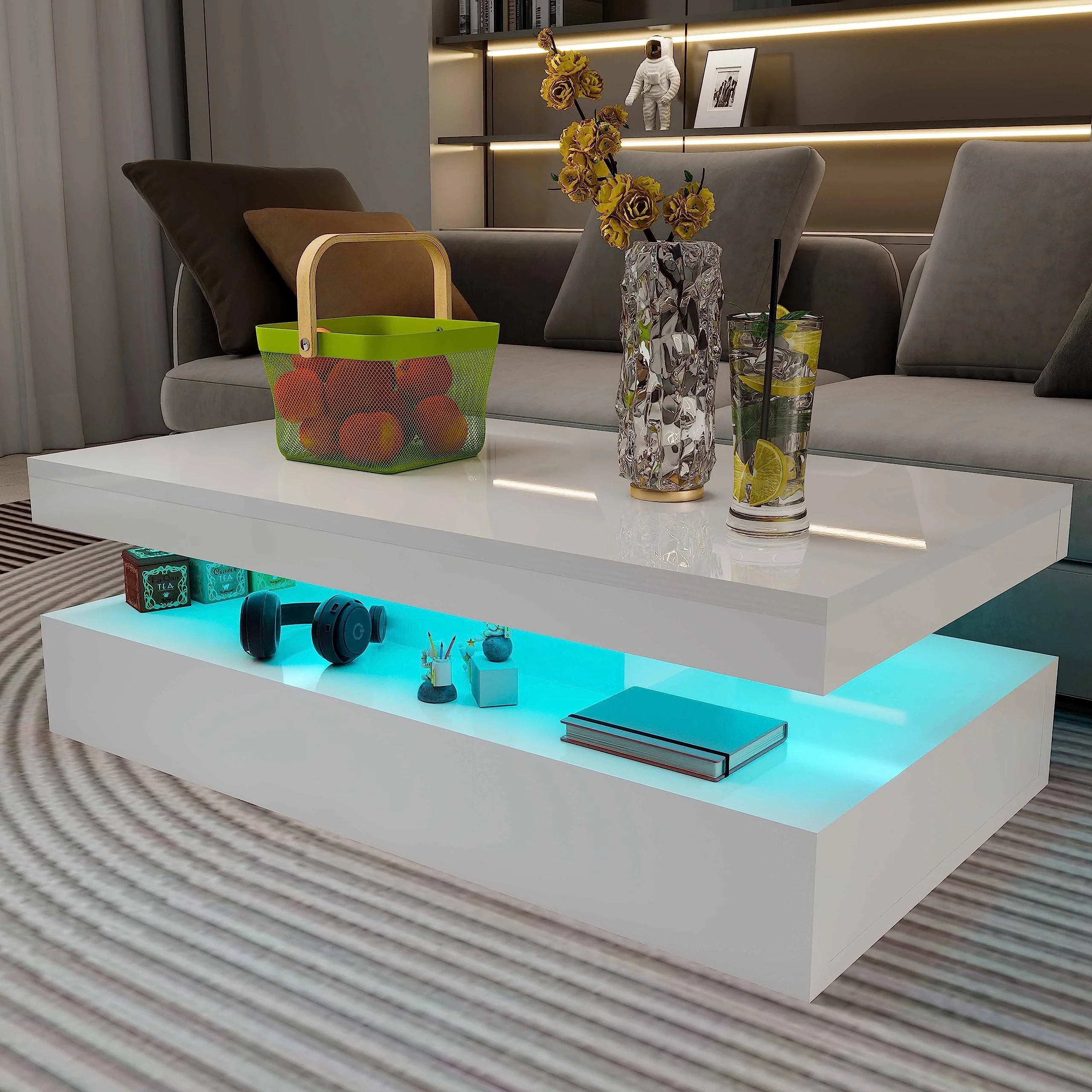 LED Coffee Table, High Gloss Modern Coffee Table with RGB LED Light, White Rectangular Coffee Table
